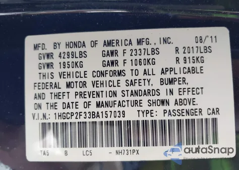 2011 Honda Accord 2.4 Lx from USA, damaged, VIN 1HGCP2F33BA157039
